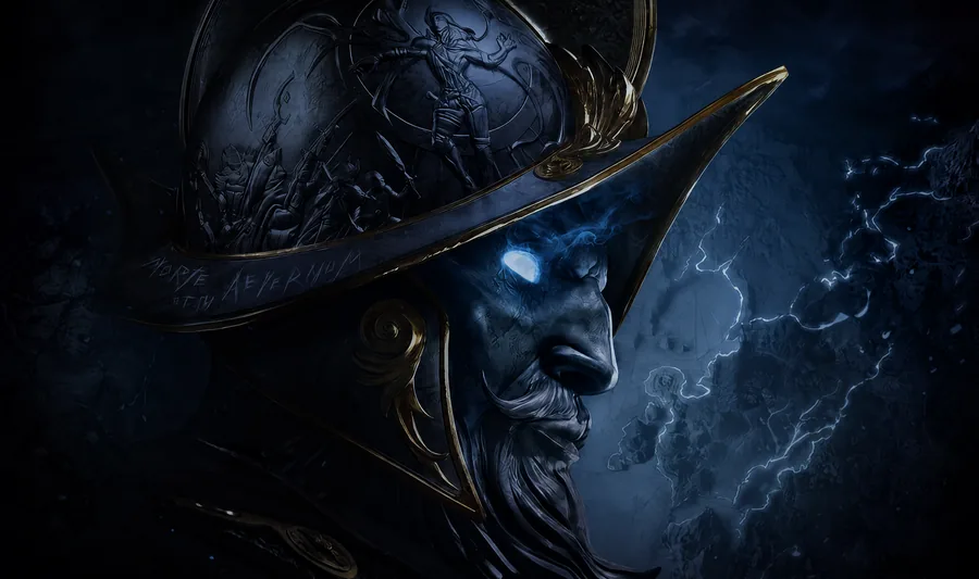 A carved conquistador helmet over a stone face with a glowing eye, a storm-lit map behind