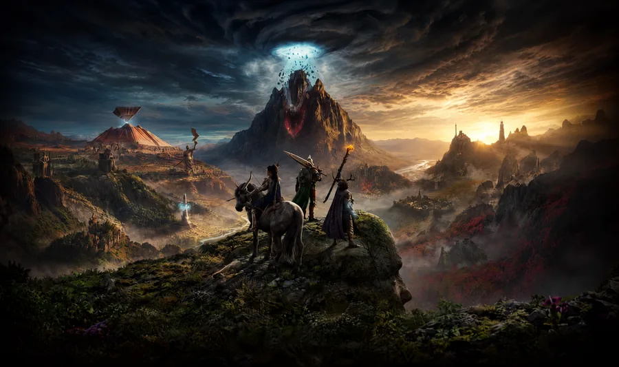 Three adventurers on a cliff above a valley, a shattered mountain beyond