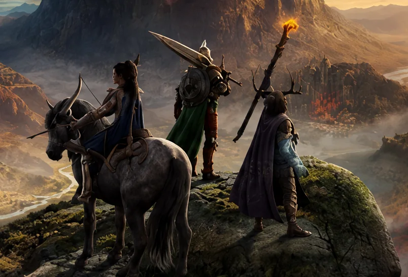 A party of adventurers on a cliff at dawn